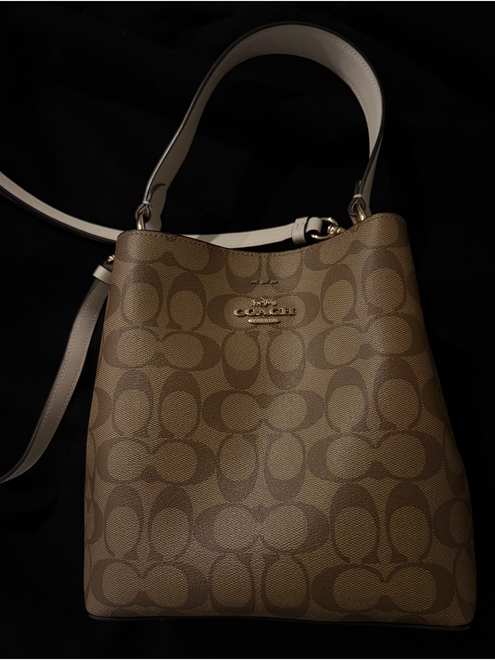 Coach Brown Signature Canvas Bucket Shoulder Bag with White Strap Accents